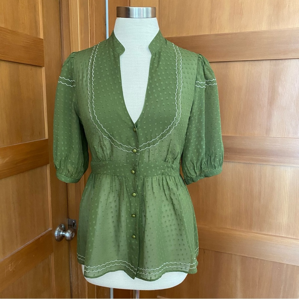 Anthropologie Maeve Green Swiss Dot Sheer Blouse with Silver Details